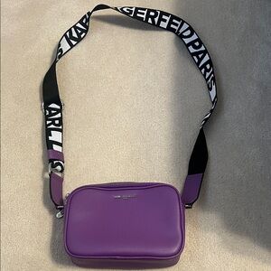 Karl Lagerfeld Purple Leather Camera Crossbody with Black & White Logo Strap